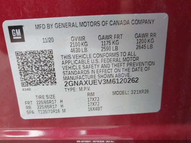 45155841 :رقم المزاد ، 2GNAXUEV3M6120262 vin ، 2021 Chevrolet Equinox Awd Lt مزاد بيع