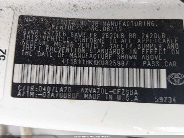 45155846 :رقم المزاد ، 4T1B11HKXKU825987 vin ، 2019 Toyota Camry Se مزاد بيع