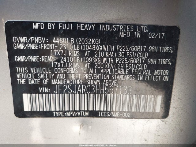 Продаж на аукціоні авто 2017 Subaru Forester 2.5i Limited, vin: JF2SJARC3HH567133, номер лоту: 45155849