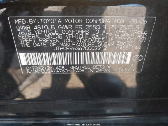 Aukcja sprzedaży 2007 Lexus Gs 350, vin: JTHCE96S670002212, numer aukcji: 45155852