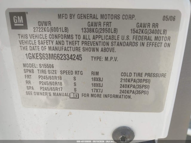 Aukcja sprzedaży 2006 Gmc Envoy Denali, vin: 1GKES63M662334245, numer aukcji: 45155858