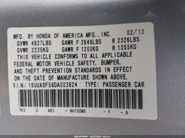 2013 Acura Tl 3.7 მანქანა იყიდება აუქციონზე, vin: 19UUA9F58DA003624, აუქციონის ნომერი: 45155861