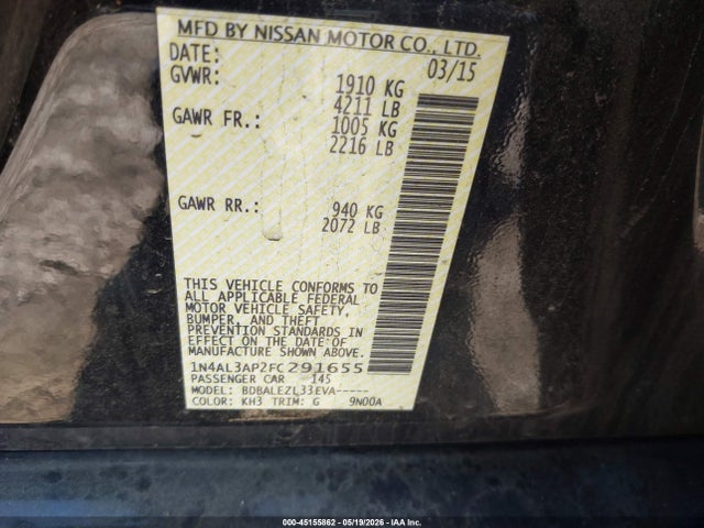 45155862 :رقم المزاد ، 1N4AL3AP2FC291655 vin ، 2015 Nissan Altima 2.5 S مزاد بيع