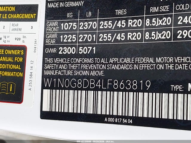Продажа на аукционе авто 2020 Mercedes-benz Glc 300, vin: W1N0G8DB4LF863819, номер лота: 45155866