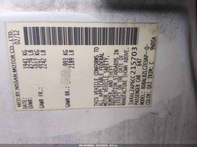 Aukcja sprzedaży 2012 Nissan Altima 2.5 S, vin: 1N4AL2AP6CC215703, numer aukcji: 45155884