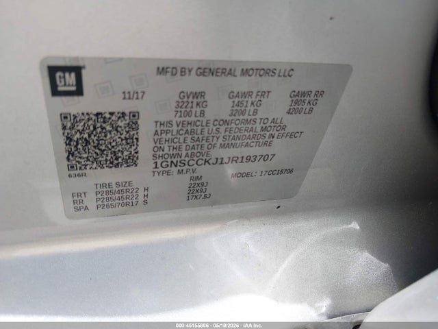Продажа на аукционе авто 2018 Chevrolet Tahoe Premier, vin: 1GNSCCKJ1JR193707, номер лота: 45155896
