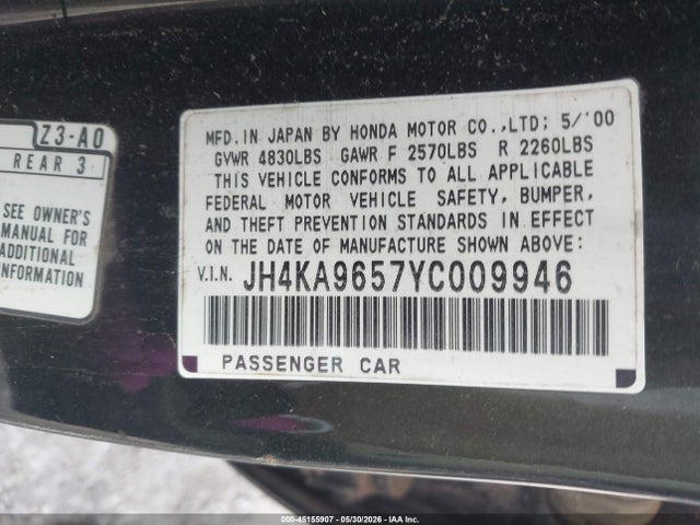 2000 Acura Rl 3.5 მანქანა იყიდება აუქციონზე, vin: JH4KA9657YC009946, აუქციონის ნომერი: 45155907