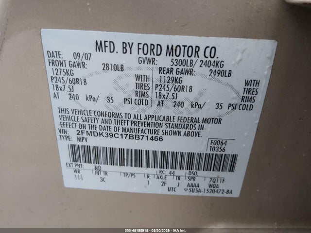 2007 Ford Edge Sel Plus მანქანა იყიდება აუქციონზე, vin: 2FMDK39C17BB71466, აუქციონის ნომერი: 45155915