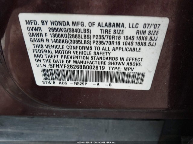 Aukcja sprzedaży 2008 Honda Pilot Vp, vin: 5FNYF28268B002819, numer aukcji: 45155918