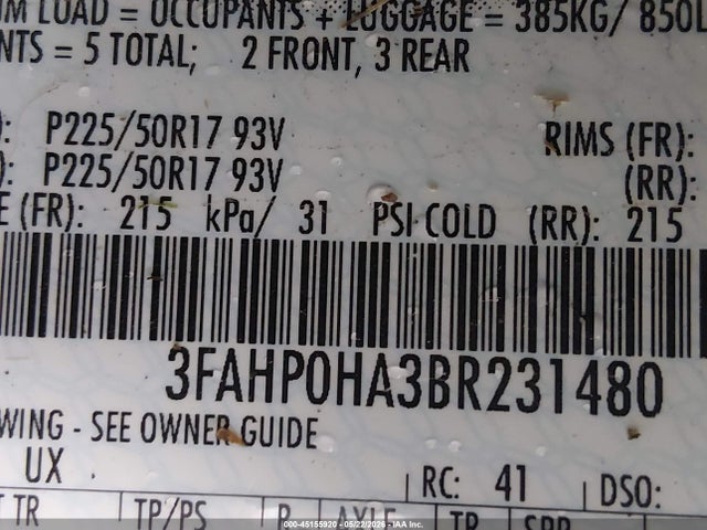 Продажа на аукционе авто 2011 Ford Fusion Se, vin: 3FAHP0HA3BR231480, номер лота: 45155920