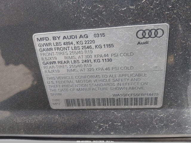 45155934 :رقم المزاد ، WA1GFCFS5FR014479 vin ، 2015 Audi Q3 2.0t Premium Plus مزاد بيع