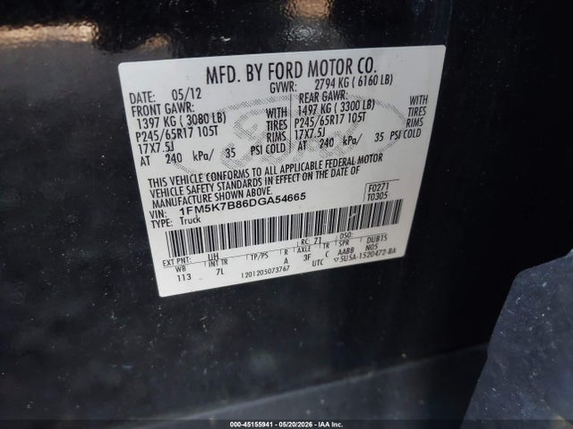 45155941 :رقم المزاد ، 1FM5K7B86DGA54665 vin ، 2013 Ford Explorer مزاد بيع