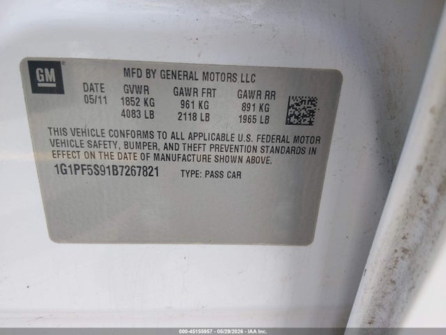 Aukcja sprzedaży 2011 Chevrolet Cruze 1lt, vin: 1G1PF5S91B7267821, numer aukcji: 45155957