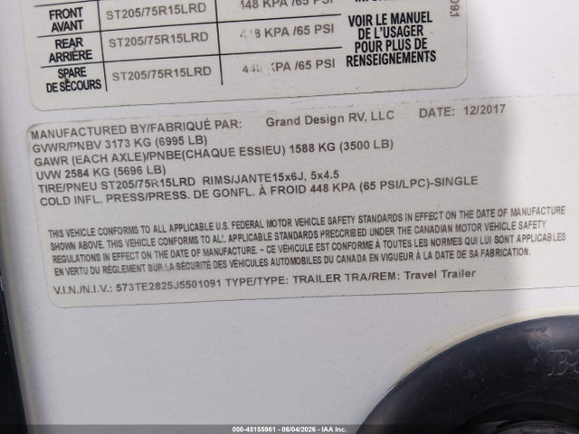 45155961 :رقم المزاد ، 573TE2825J5501091 vin ، 2018 Grand Desi Imagine مزاد بيع