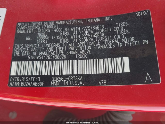 Продаж на аукціоні авто 2008 Toyota Tundra Sr5 5.7l V8, vin: 5TBBV54128S496026, номер лоту: 45155962