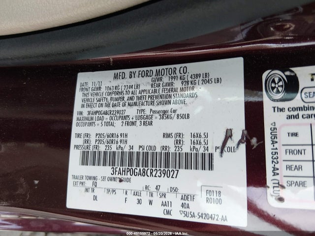 Aukcja sprzedaży 2012 Ford Fusion S, vin: 3FAHP0GA8CR239027, numer aukcji: 45155972