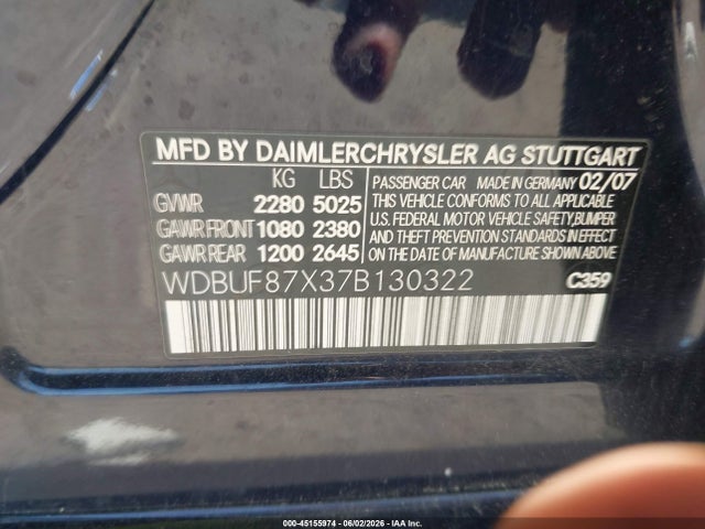 45155974 :رقم المزاد ، WDBUF87X37B130322 vin ، 2007 Mercedes-benz E 350 4matic مزاد بيع