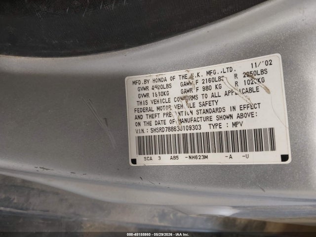 Продаж на аукціоні авто 2003 Honda Cr-v Ex, vin: SHSRD78863U109303, номер лоту: 45155980