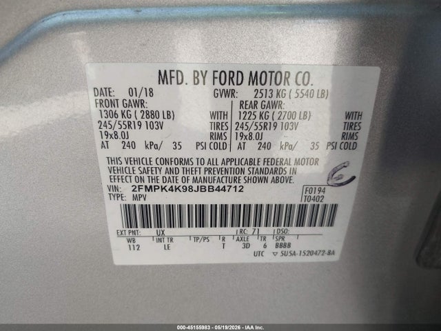 45155983 :رقم المزاد ، 2FMPK4K98JBB44712 vin ، 2018 Ford Edge Titanium مزاد بيع