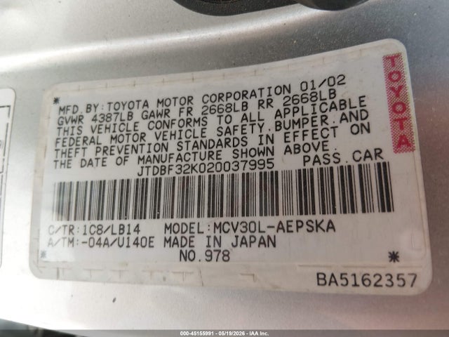 45155991 :رقم المزاد ، JTDBF32K020037995 vin ، 2002 Toyota Camry Se V6 مزاد بيع