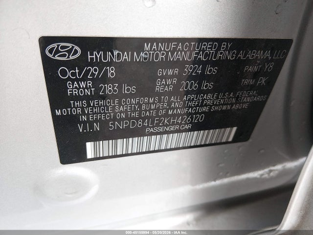 45155994 :رقم المزاد ، 5NPD84LF2KH426120 vin ، 2019 Hyundai Elantra Sel مزاد بيع