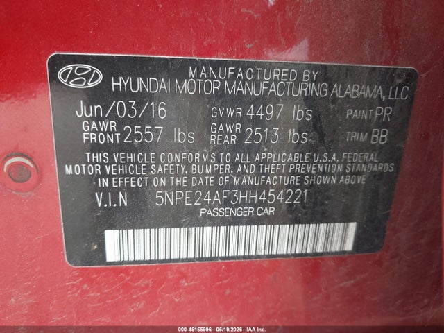 45155996 :رقم المزاد ، 5NPE24AF3HH454221 vin ، 2017 Hyundai Sonata Se مزاد بيع