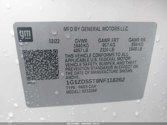 45156002 :رقم المزاد ، 1G1ZD5ST8NF118262 vin ، 2022 Chevrolet Malibu Fwd Lt مزاد بيع