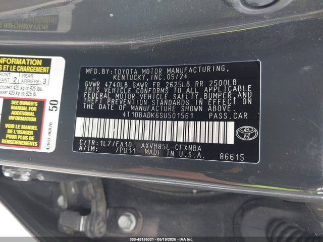 2025 Toyota Camry Le მანქანა იყიდება აუქციონზე, vin: 4T1DBADK6SU501561, აუქციონის ნომერი: 45156021