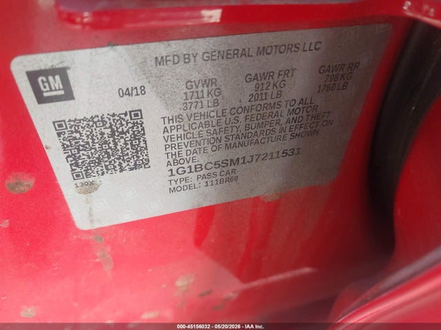 Aukcja sprzedaży 2018 Chevrolet Cruze Ls Auto, vin: 1G1BC5SM1J7211531, numer aukcji: 45156032