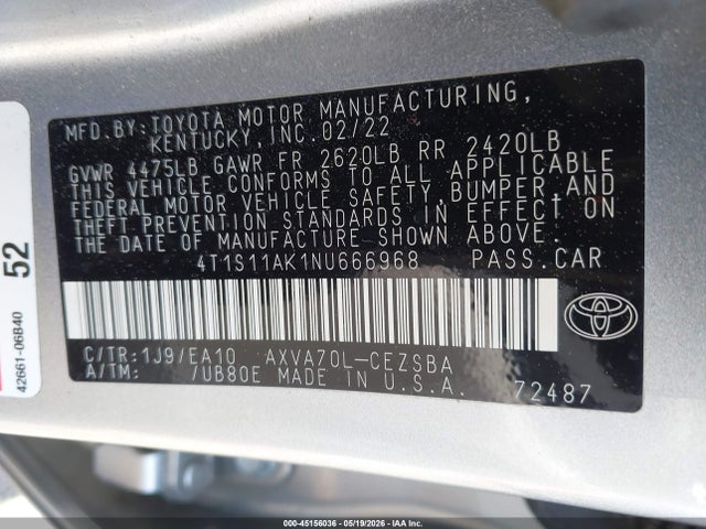 2022 Toyota Camry Se მანქანა იყიდება აუქციონზე, vin: 4T1S11AK1NU666968, აუქციონის ნომერი: 45156036