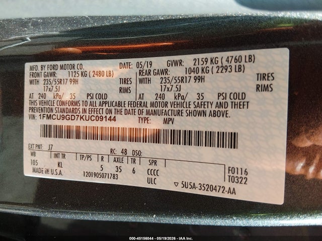 2019 Ford Escape Se მანქანა იყიდება აუქციონზე, vin: 1FMCU9GD7KUC09144, აუქციონის ნომერი: 45156044