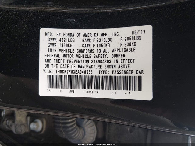 Aukcja sprzedaży 2014 Honda Accord Ex-l, vin: 1HGCR2F8XEA040066, numer aukcji: 45156049