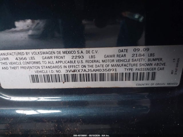 2010 Volkswagen Jetta Se მანქანა იყიდება აუქციონზე, vin: 3VWRX7AJ5AM035891, აუქციონის ნომერი: 45156061
