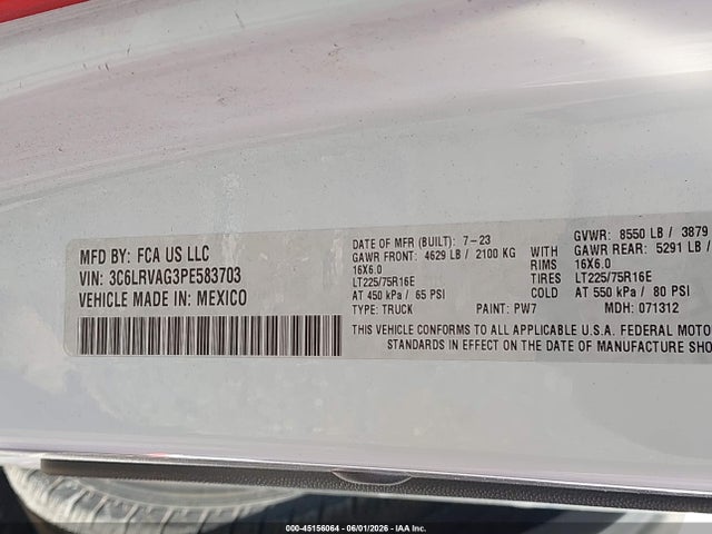 Продажа на аукционе авто 2023 Ram Promaster 1500 Low Roof 136 Wb, vin: 3C6LRVAG3PE583703, номер лота: 45156064
