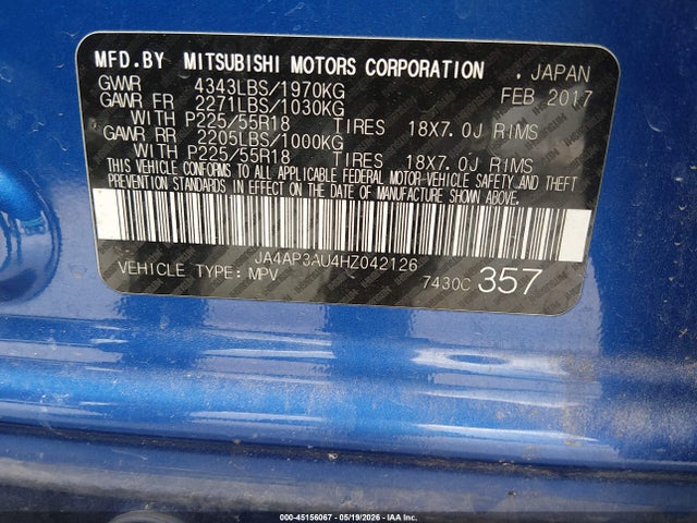 45156067 :رقم المزاد ، JA4AP3AU4HZ042126 vin ، 2017 Mitsubishi Outlander Sport Es/se مزاد بيع