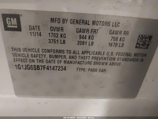 Продажа на аукционе авто 2015 Chevrolet Sonic Rs Auto, vin: 1G1JG6SB7F4147234, номер лота: 45156070