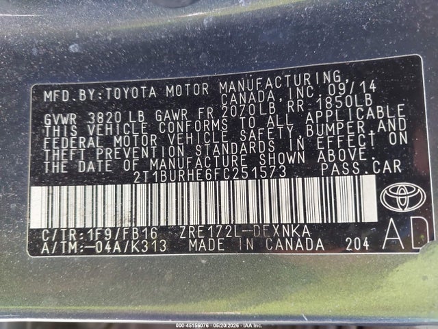 Aukcja sprzedaży 2015 Toyota Corolla Le, vin: 2T1BURHE6FC251573, numer aukcji: 45156076
