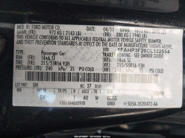 Aukcja sprzedaży 2012 Ford Focus Se, vin: 1FAHP3F28CL132554, numer aukcji: 45156091
