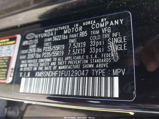Aukcja sprzedaży 2015 Hyundai Santa Fe Gls, vin: KM8SNDHF1FU129047, numer aukcji: 45156092