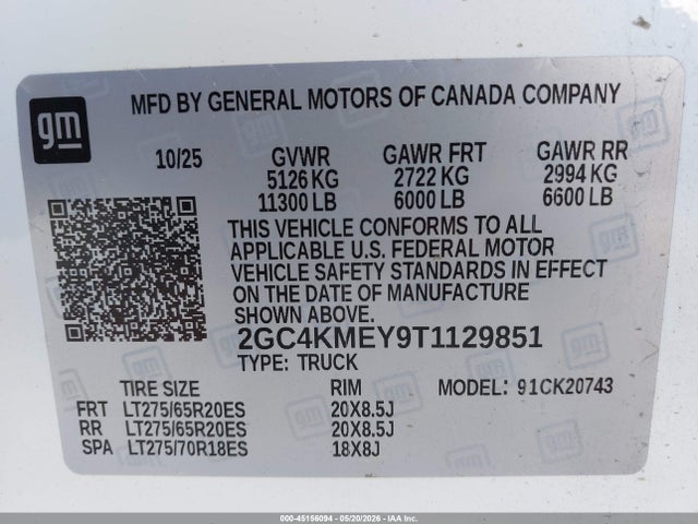 Aukcja sprzedaży 2026 Chevrolet Silverado 2500hd , Standard Bed, Wt, 4wd, vin: 2GC4KMEY9T1129851, numer aukcji: 45156094