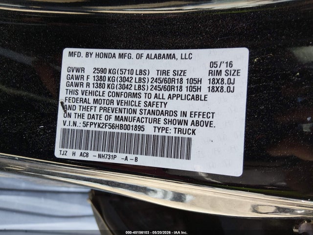 Aukcja sprzedaży 2017 Honda Ridgeline Rtl, vin: 5FPYK2F56HB001895, numer aukcji: 45156103