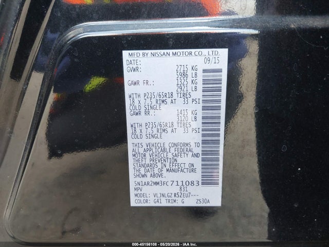 2015 Nissan Pathfinder Sl მანქანა იყიდება აუქციონზე, vin: 5N1AR2MM3FC711083, აუქციონის ნომერი: 45156108