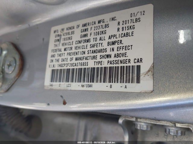 45156112 :رقم المزاد ، 1HGCP2F39CA076855 vin ، 2012 Honda Accord 2.4 Lx مزاد بيع