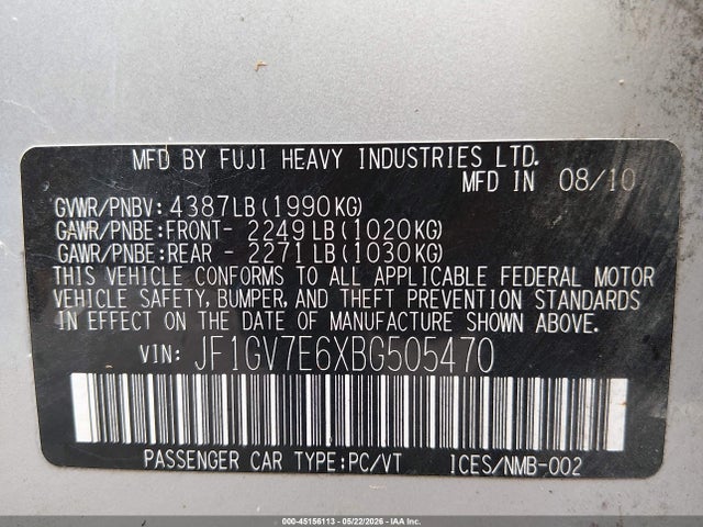 45156113 :رقم المزاد ، JF1GV7E6XBG505470 vin ، 2011 Subaru Impreza Wrx مزاد بيع