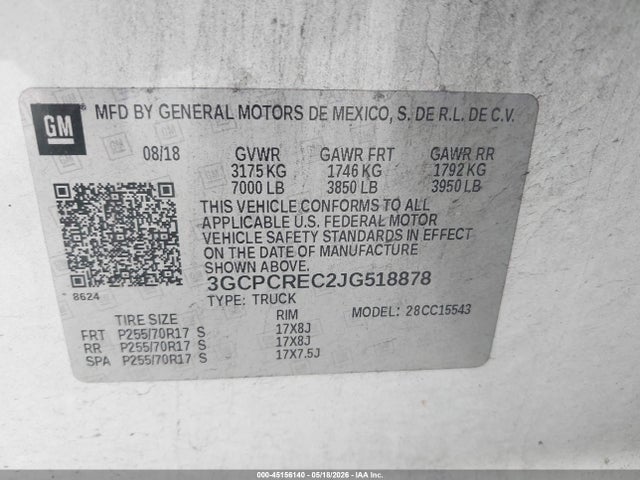 45156140 :رقم المزاد ، 3GCPCREC2JG518878 vin ، 2018 Chevrolet Silverado 1500 1lt مزاد بيع