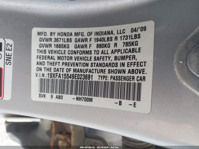 45156142 :رقم المزاد ، 19XFA15549E023691 vin ، 2009 Honda Civic Lx مزاد بيع