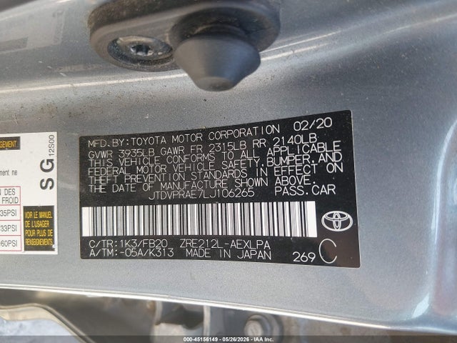 45156149 :رقم المزاد ، JTDVPRAE7LJ106265 vin ، 2020 Toyota Corolla Le مزاد بيع