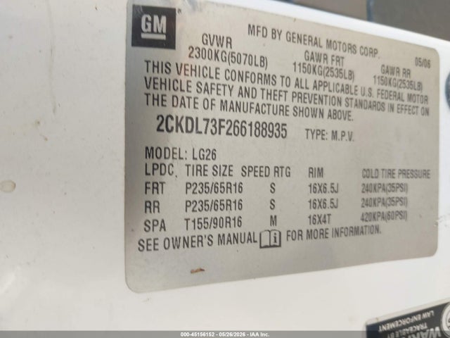 45156152 :رقم المزاد ، 2CKDL73F266188935 vin ، 2006 Pontiac Torrent مزاد بيع