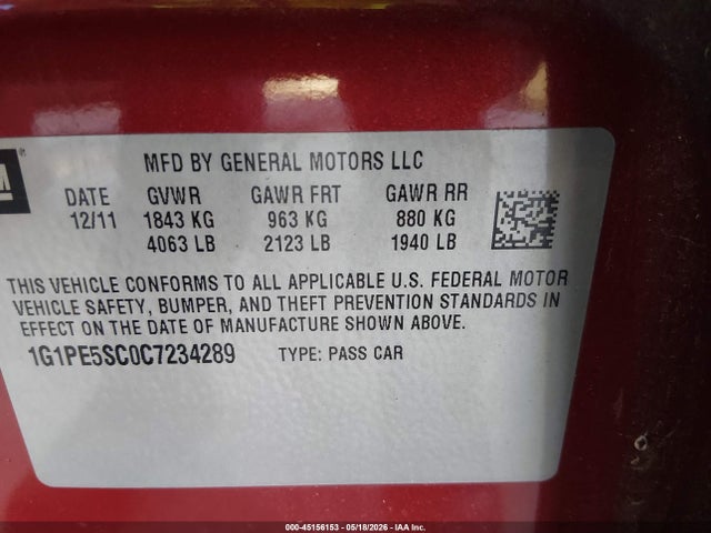 45156153 :رقم المزاد ، 1G1PE5SC0C7234289 vin ، 2012 Chevrolet Cruze Lt مزاد بيع