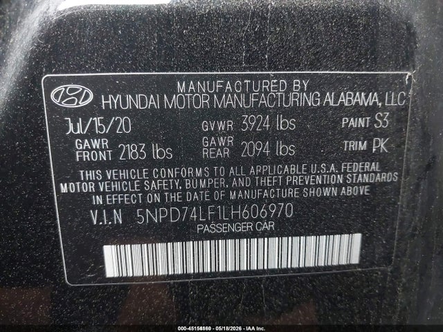Продажа на аукционе авто 2020 Hyundai Elantra Se, vin: 5NPD74LF1LH606970, номер лота: 45156160